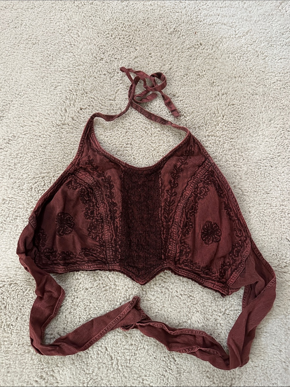 Boho Embroidered Wine Red Halter Crop Top